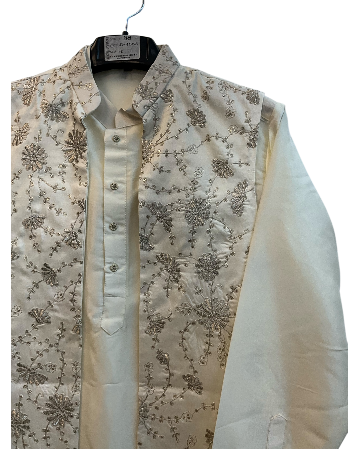 Off White / Cream - Mens Fully Embroidered Long Waistcoat with Rich Kurta set - KCS4853 03TH26