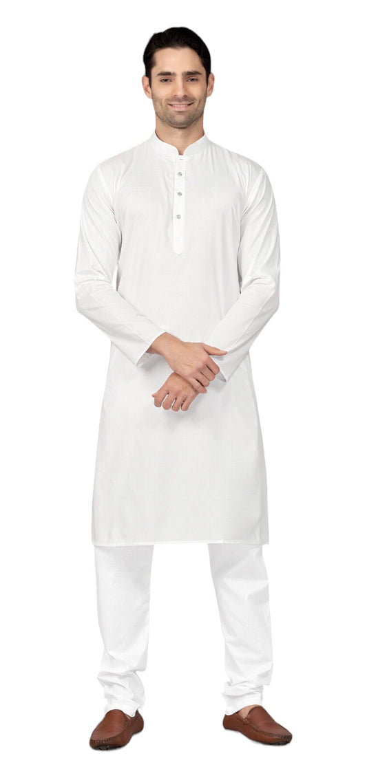 White - Pure Cotton Mens Indian Kurta set Sangeet, Temple, Eid, Mehndi or Funeral ( with Draw stringed trousers) - Cello KV
