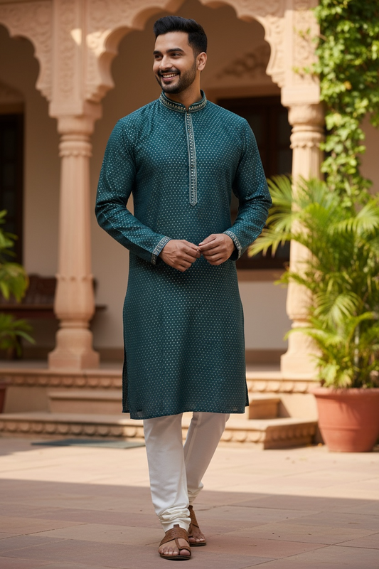 Dark Teal - Banarasi Handloom Brocade Mens Indian Kurta set - UK Stock - Weddings / Walimas , Sangeet, Diwali, Eid, Mehndi / Henna - VEE2429 VP