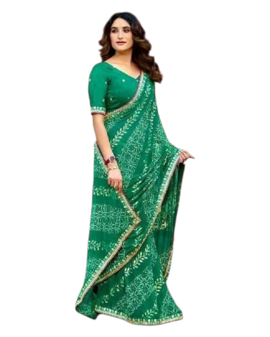 Green - Bandhani Printed - Chiffon Saree with Blouse Piece - KAS-Chuneri 307 10KV25