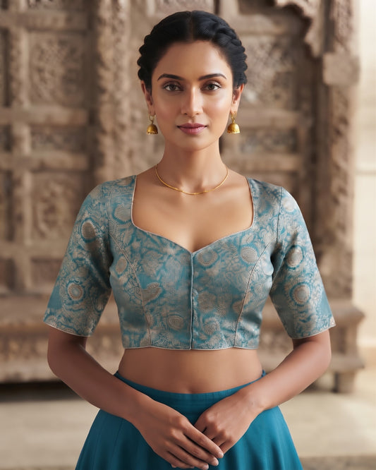 Size 38" / UK 12 - Turquoise - Banarasi Brocade Saree Blouse with Elbow-Length Sleeves - UK Stock - With Margin inside - VAM1358 - H