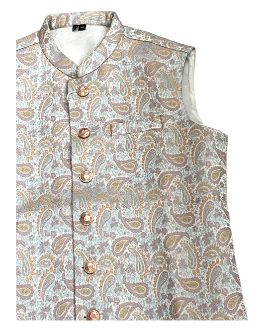 Cream with Pink/Light Blue Brocade - Premium Mens Waistcoat - VNS-JKT7908/2 10KJ25