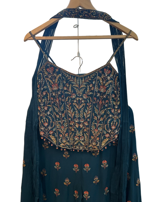 UK 10-12 / 36"- 38" - Dark Teal Blue - Designer Ladies Indian Short Corset / Tie Back Top Palazzo Trousers Suit - UK Stock - 2/3 days delivery - VMK Tarini AP