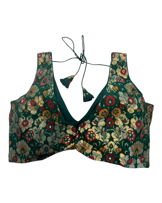36" / UK 10 - Green - Rich Banarasi Designer Saree blouse with cups, Sleeveless - UK Stock - Quick Delivery - RNK - R1007-KK