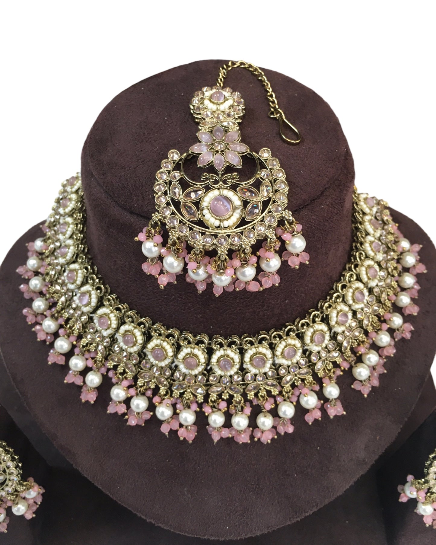 Pink - Large Size Antique Gold Finish Necklace Set with Earrings - RAK501 KC 0424