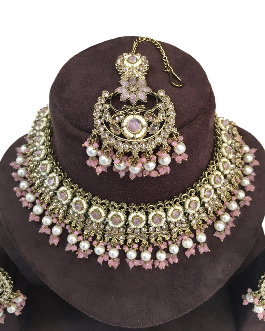 Pink - Large Size Antique Gold Finish Necklace Set with Earrings - RAK501  KC 0424