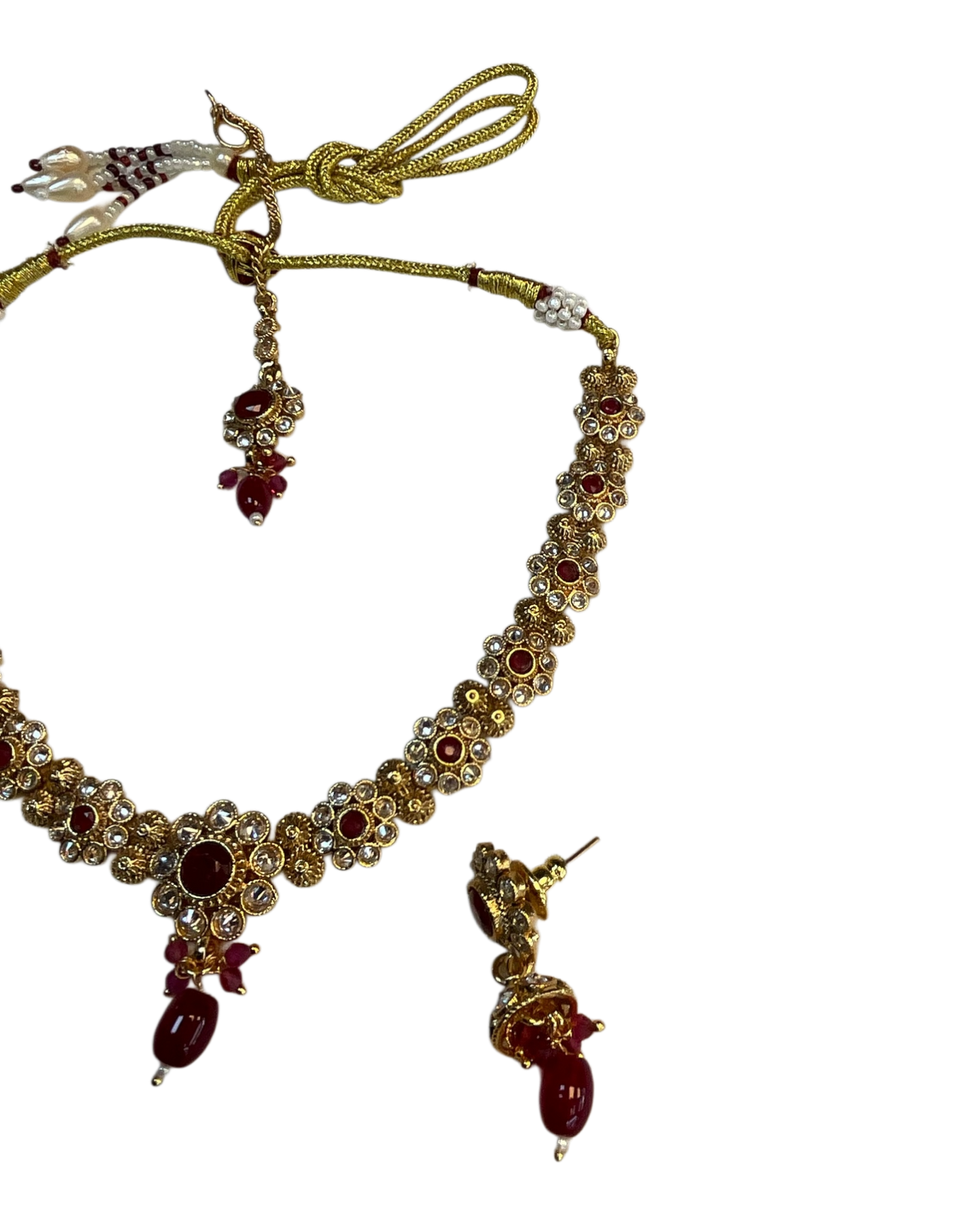 Fuchsia / Magenta / Ruby - Medium Size Gold Finish Necklace Set with Earrings & Head Piece - SLV90 04Cp26