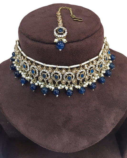 Navy Blue - Medium Size Antique Gold Finish Choker Necklace Set with Earrings - RAK149 C 0424