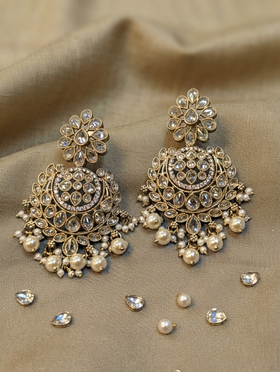 Clear Stone - Antique Polki & Pearl Chandbali Earrings - 6ER223 10R26