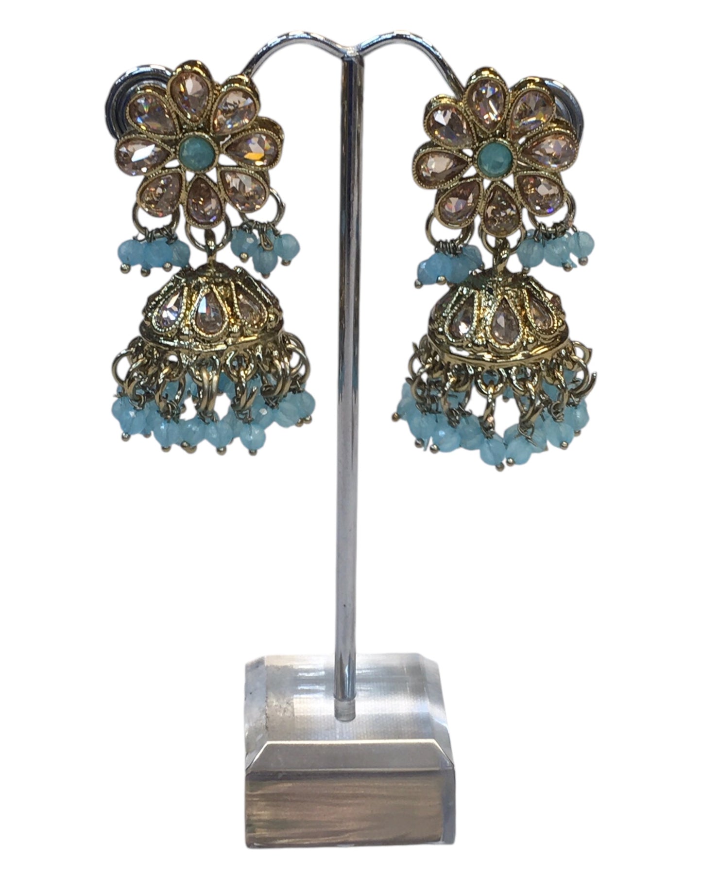 Light / Sky Blue - Medium Size Antique Gold Finish Necklace Set with Earrings - PRI1763 11H24