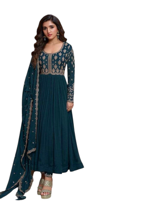 Chiffon - Teal Anarakali Long Dress with Trousers - Size 10 (Bust 36") - Inside Margin to let out ( 3 to 4")VF66571 TY 1024