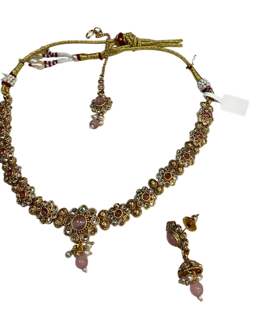 Pink - Medium Size Gold Finish Necklace Set with Earrings & Head Piece - SLV90 04Cp26