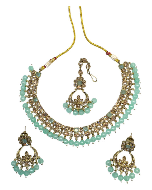 Sea Green - Antique Gold Finish Necklace & Earrings Set - Bollywood - Weddings - KAJ1039 11KK24