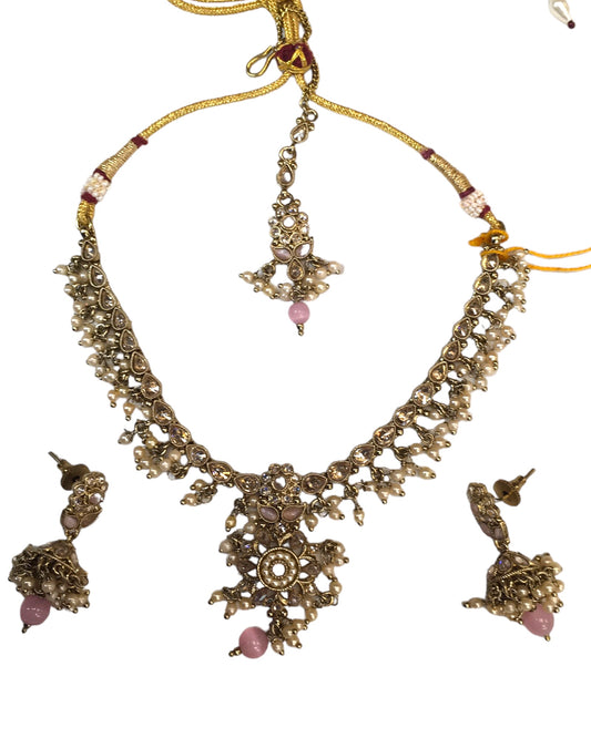 Pink - Medium Size Necklace Set with Earrings - SLV47 KY 0424