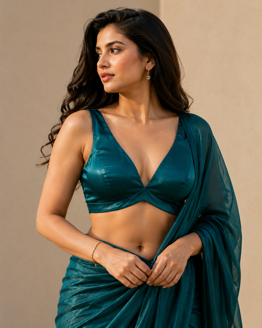 36" / UK 10 - Teal - Rich Designer Silky Saree blouse with cups, Sleeveless - UK Stock - Quick Delivery - RNK - R900B- KK