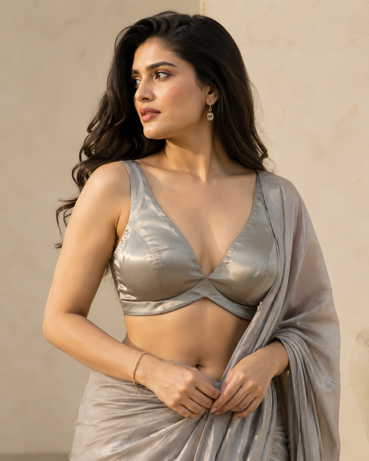 36" / UK 10 - Silver / Grey - Rich Designer Silky Saree blouse with cups, Sleeveless - UK Stock - Quick Delivery - RNK - R900B- KK