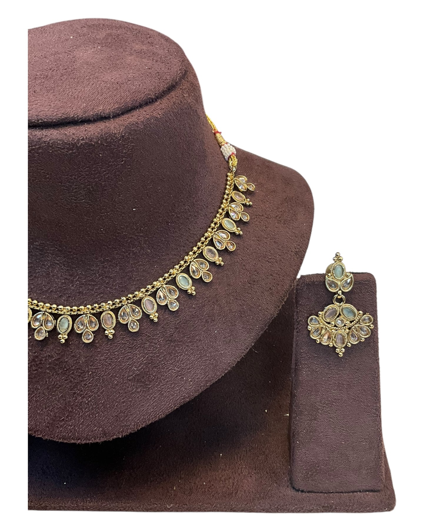 Green / Pink - Small Size Antique Gold Finish Necklace Set - AE2503 R 0525
