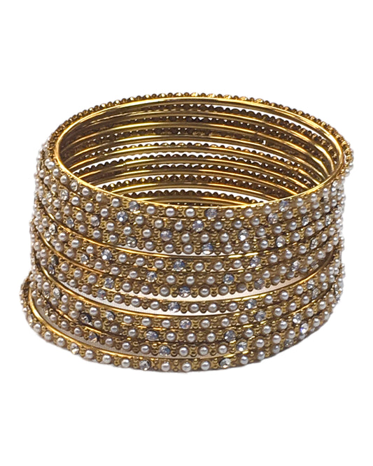 White Stones - Set of 12 Stone / Pearl Bangles - Antique Gold Finish (Pair) - JAN739 Vp 0923