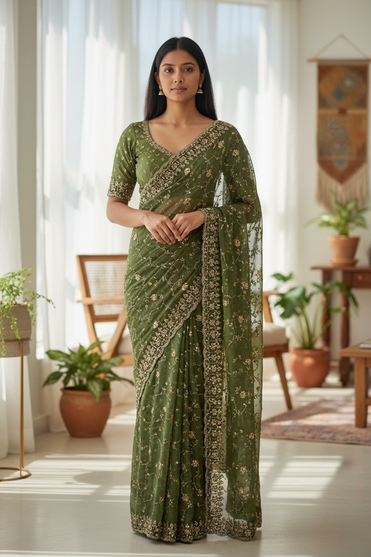 Mint Green - Rich Bridal Saree with Allover Embroidery and Blouse Piece - UK stock - 24hr Dispatch - RS2519 JT