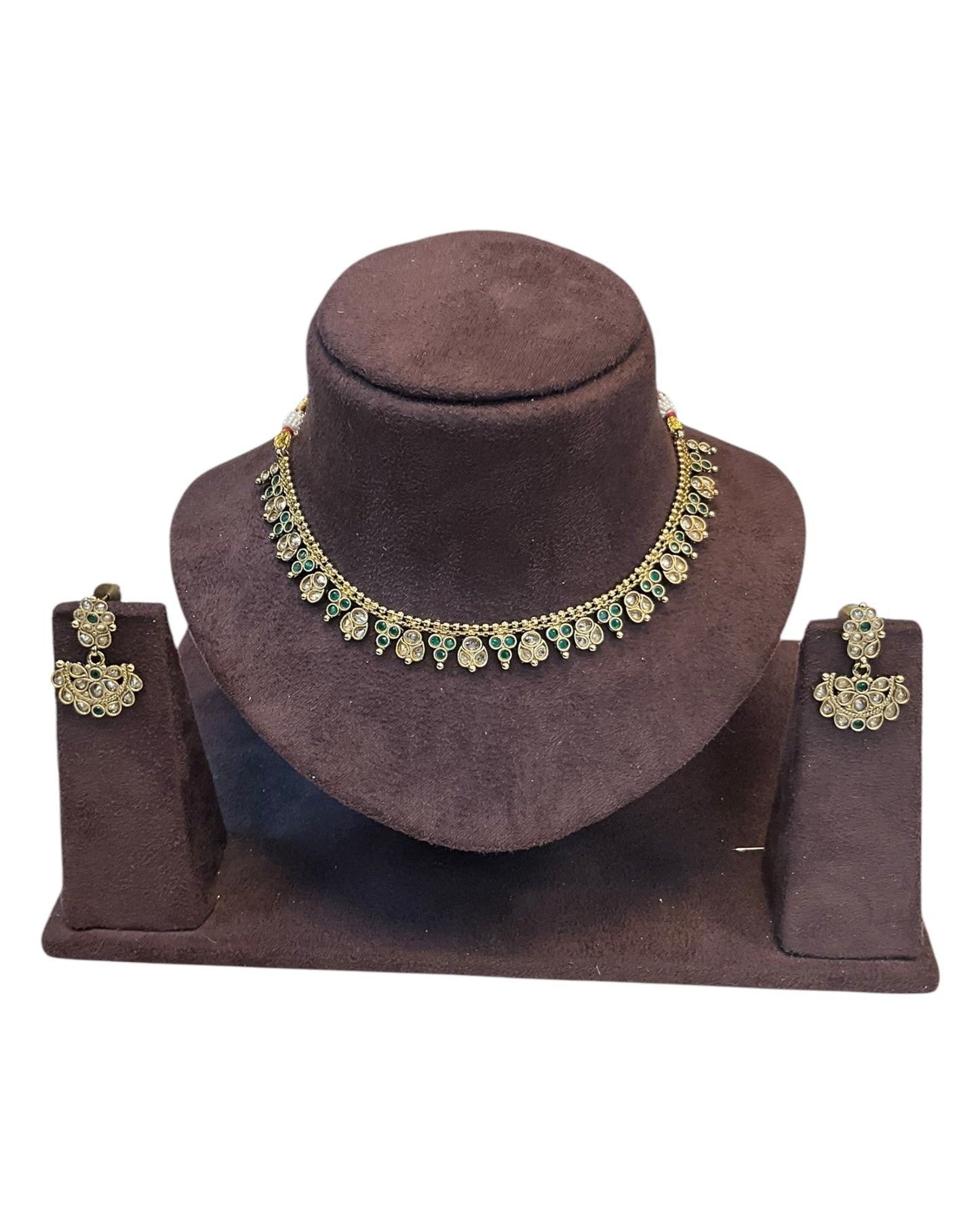 Green - Small Size Antique Gold Finish Necklace Set - AE2504 R 0525