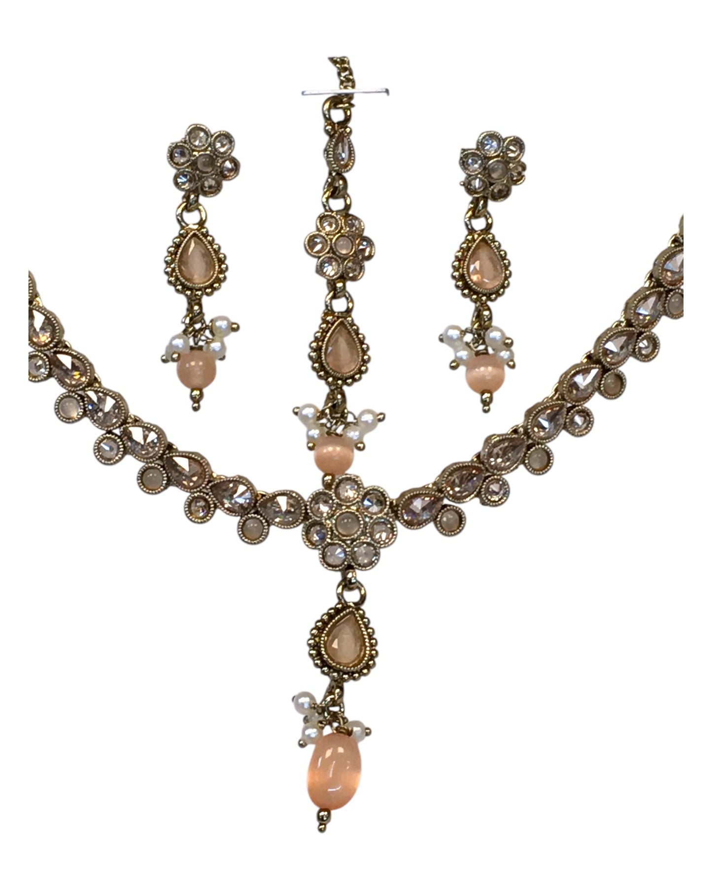 Peach - Small Size Antique Gold Finish Necklace Set with Earrings & Head Piece /Tika- SLV78 11Ap24