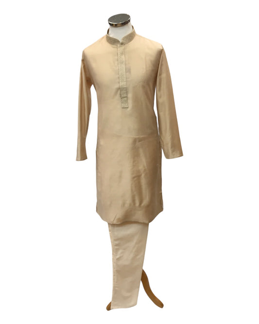 Light Gold / Beige - Cotton Silky Self Brocade Mens Kurta Set - Sangeet Mehendi Haldi - KCS1003 KK 1123