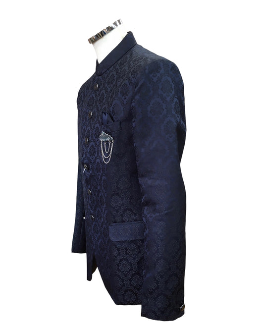 PREMIUM Slim Fit Mens Navy Blue Self Brocade BandhGala / Prince / Chinese Collar Jacket - Fantastic Fit - CS2411 TP 0524