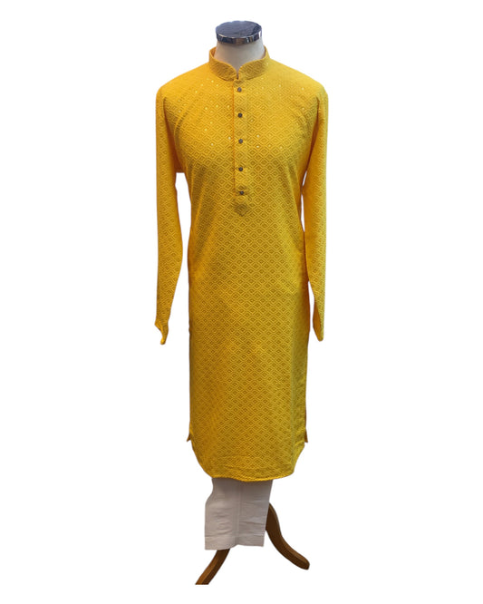 Haldi Yellow - Locknawi Chikankari Chiffon Self Brocade Mens Indian Kurta set - Weddings / Walimas , Sangeet, Mehndi / Henna , Eid / Diwali - BS2505 01TY25