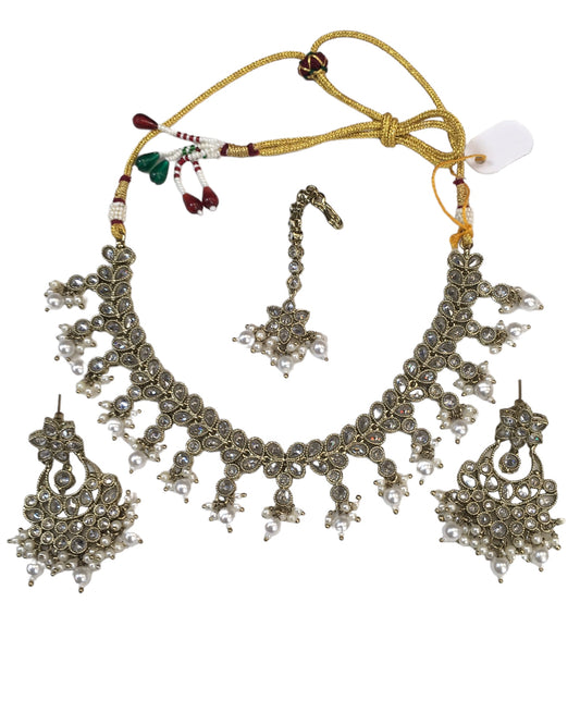 Clear / Neutral - Medium Size Antique Gold Finish Necklace Set with Earrings - KAJ1015 KV 0424