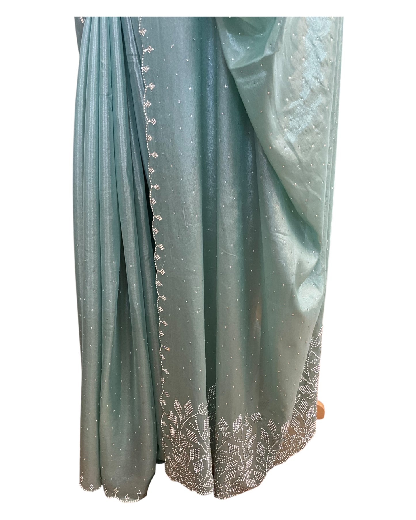 Sea Green - Crepe Chiffon - Diamante Border Saree with Blouse Piece - DAZ56003 VY 0425