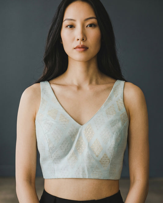 38" / UK 12 - Sea Green - Rich Brocade Saree blouse with cups, Sleeveless - UK Stock - Quick Delivery - RNK - R650V KY