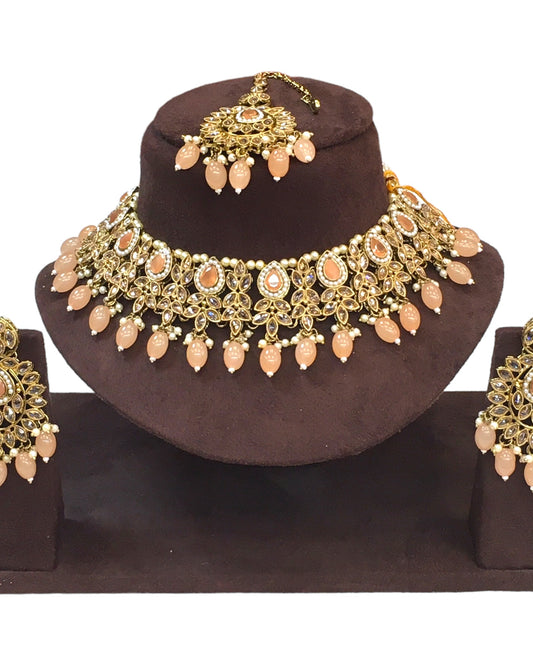Peach - Large Size Antique Gold Finish Necklace Set with Earrings - VJY501 KYp 0424