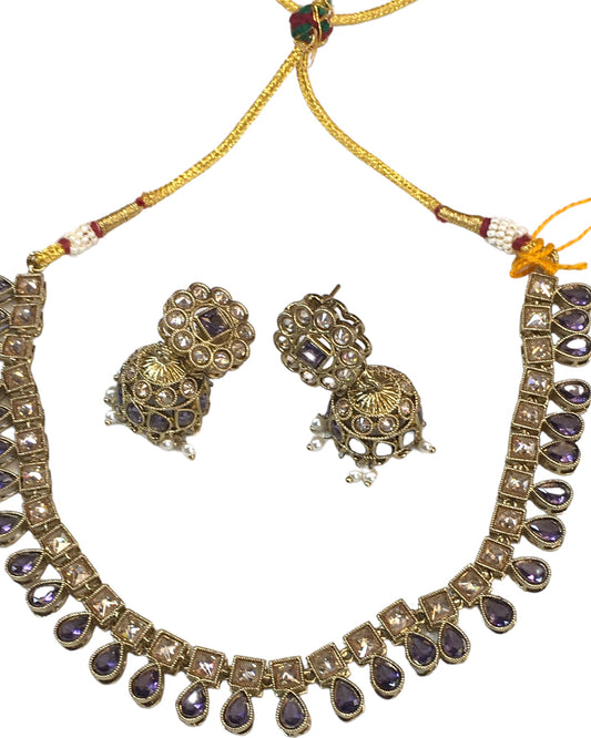 Purple - Medium Size Antique Gold Finish Necklace Set with Earrings - SV2403  H 0424