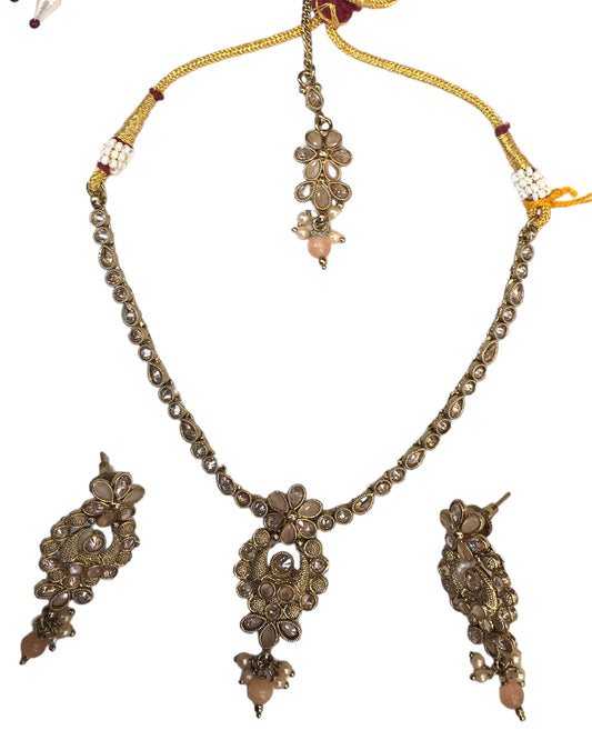 Peach - Small Size Antique Gold Finish Necklace Set with Earrings - SLV45  Ap 0424