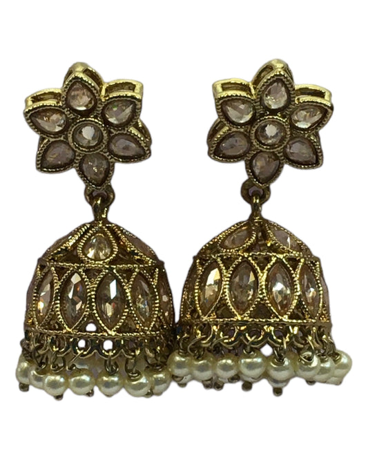 Neutral / Gold - Small - Antique Finish Traditional Zhumki Earrings - Bollywood - Weddings - SV2406 J 0724