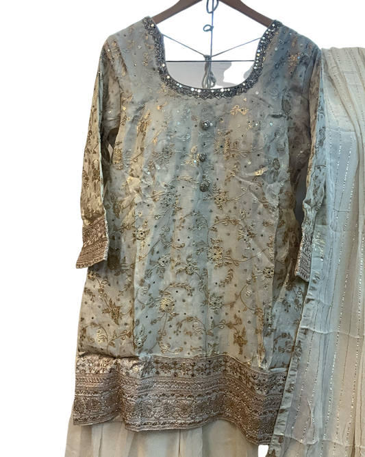 UK 18 / 44" - Cream / Light Gold - Crepe Ladies Sharara / Palazzo Trousers Suit - Sangeet / Henna / Temple - OC83009 JV