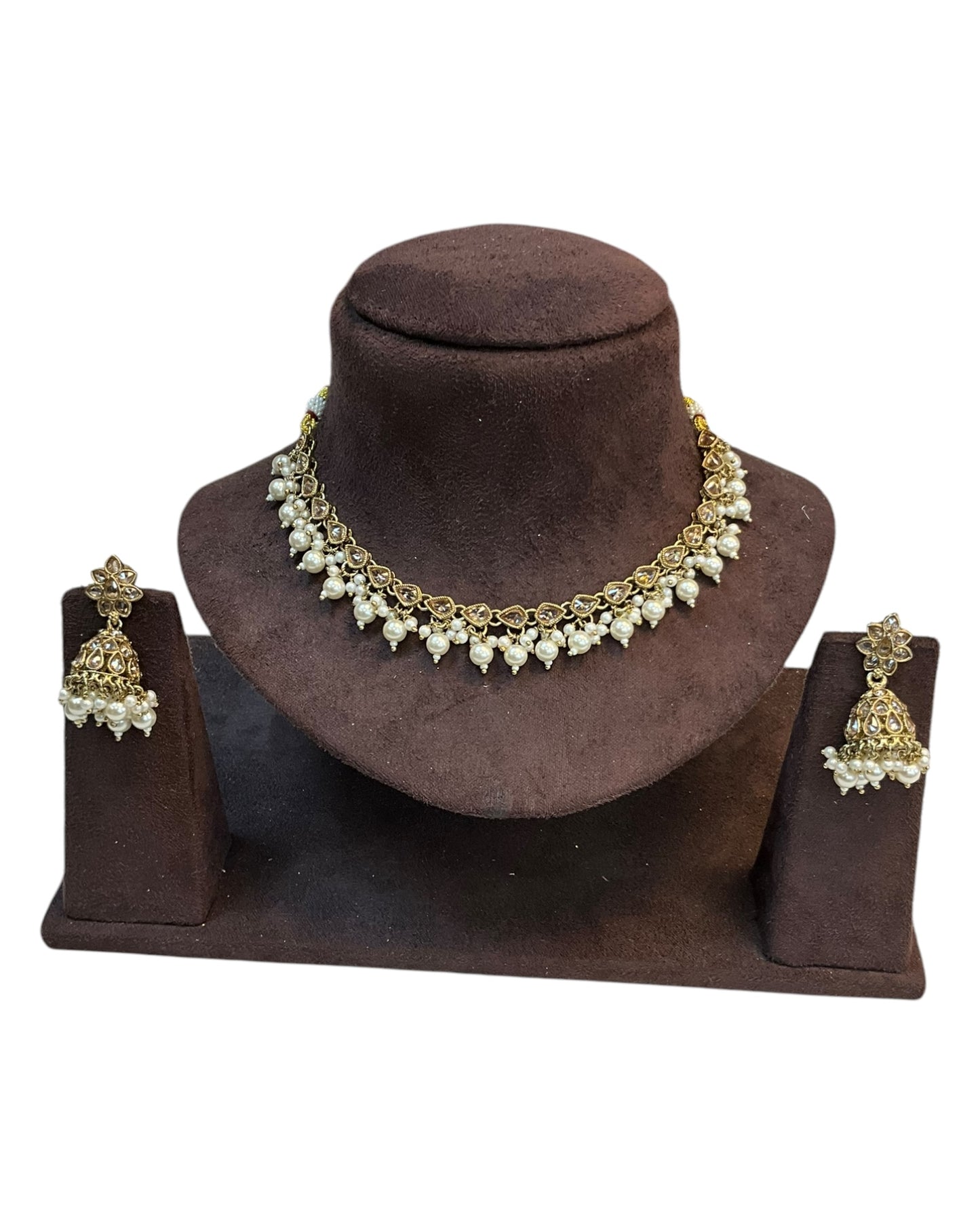 Gold - Medium Size Antique Gold Finish Necklace Set with Earrings - RAK375 Pp