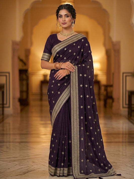 Wine - Fancy Party Saree with Blouse Piece - UK stock - 24hr Dispatch - SP2615 VV