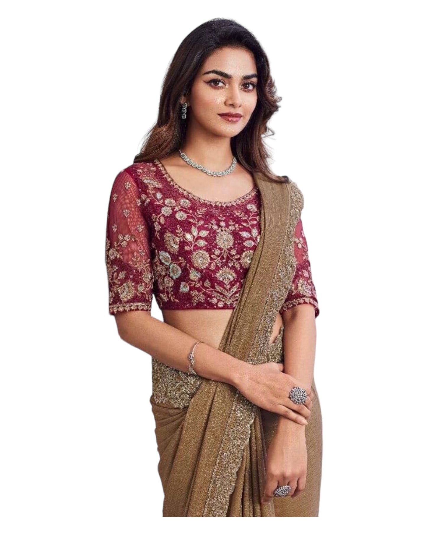 Gold - Chiffon Saree with Fancy Ready made Blouse - SS29013 TV 0624