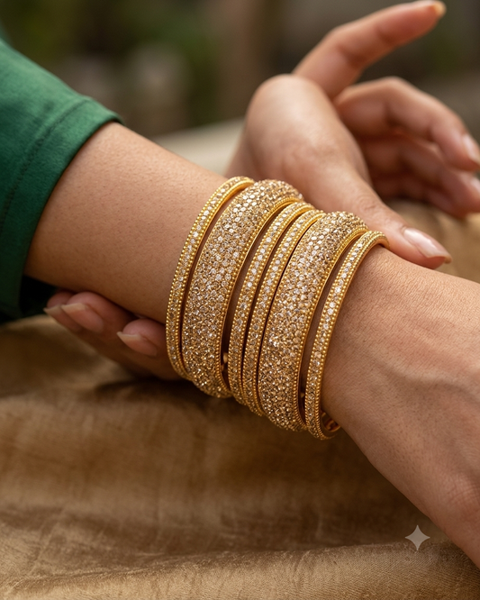 Gold Finish - Set of 6 Stone Bangles - M to XXL - 5Line 07Kp26
