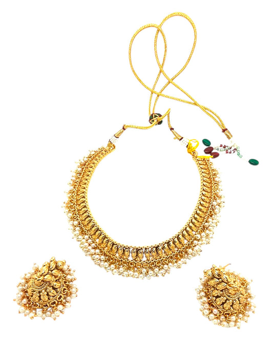Pearl / Gold - Medium Size Gold Finish Necklace Set with Earrings - Bollywood - AE2516 08KY25