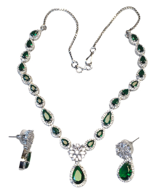 Green - American Diamond Style Silver Finish Small Size Necklace Set with Earrings - AE2422 11H24