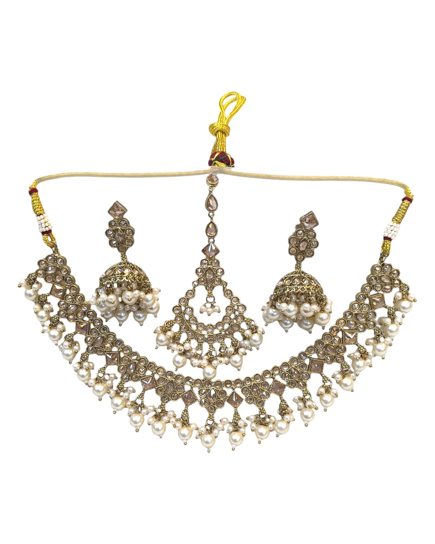 Gold / Neutral - Antique Gold Finish Necklace & Earrings Set - Bollywood - Weddings - KAJ1035 11KK24