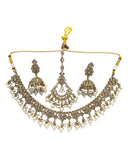 Gold / Neutral - Antique Gold Finish Necklace & Earrings Set - Bollywood - Weddings - KAJ1035 11KK24