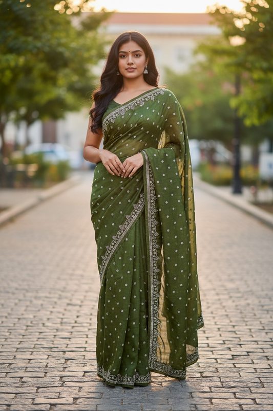Green - Rich Saree with Stone Work Border and Blouse Piece - UK stock - 24hr Dispatch - RS2501 TH