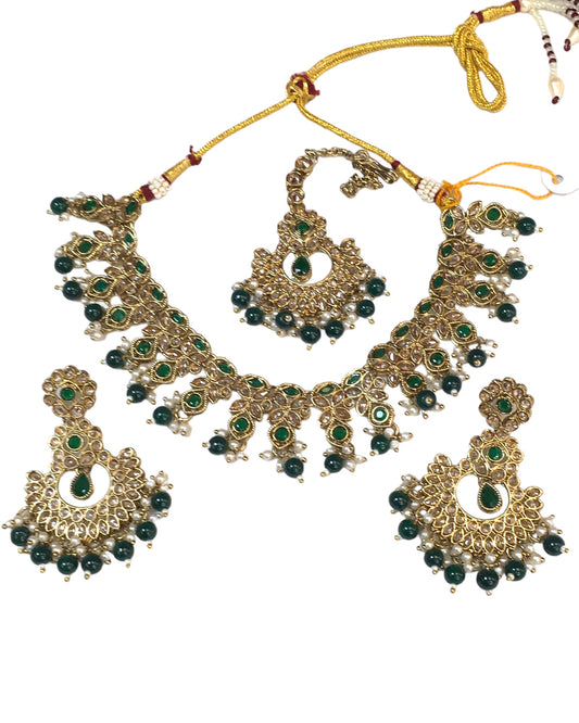 Green - Large Size Necklace Set with Earrings - PRI1752 KK 0424