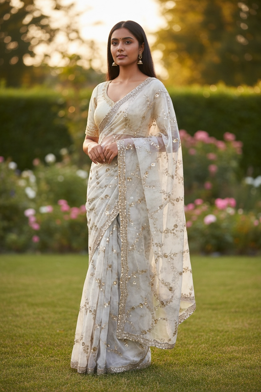 Cream / Gold - Rich Bridal Saree with Allover Embroidery and Blouse Piece - UK stock - 24hr Dispatch - RS2518 AJ