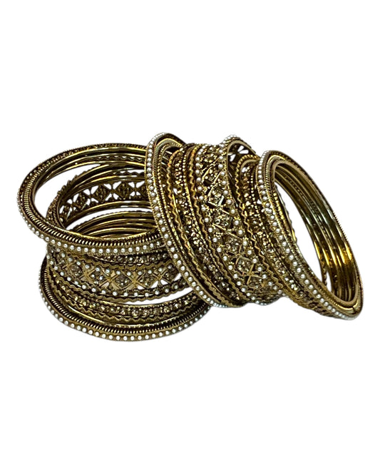 Gold Stone and Pearl - Antique Gold Finish Bangles Set (Set of 18) - UK stock - SM, M, L, XL JAN2611 05P25