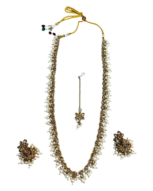 Light Pearl - Large Size Antique Gold Finish Long Necklace Set with Earrings - RAK408 KY 0525