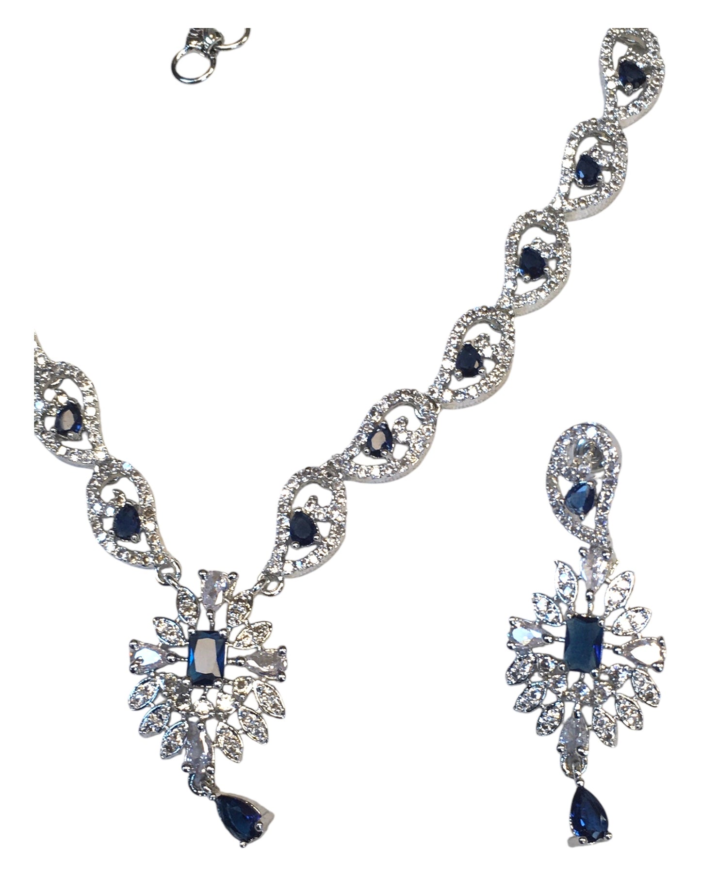 Navy Blue - American Diamond Style Silver Finish Small Size Necklace Set with Earrings - AE2421 11R24